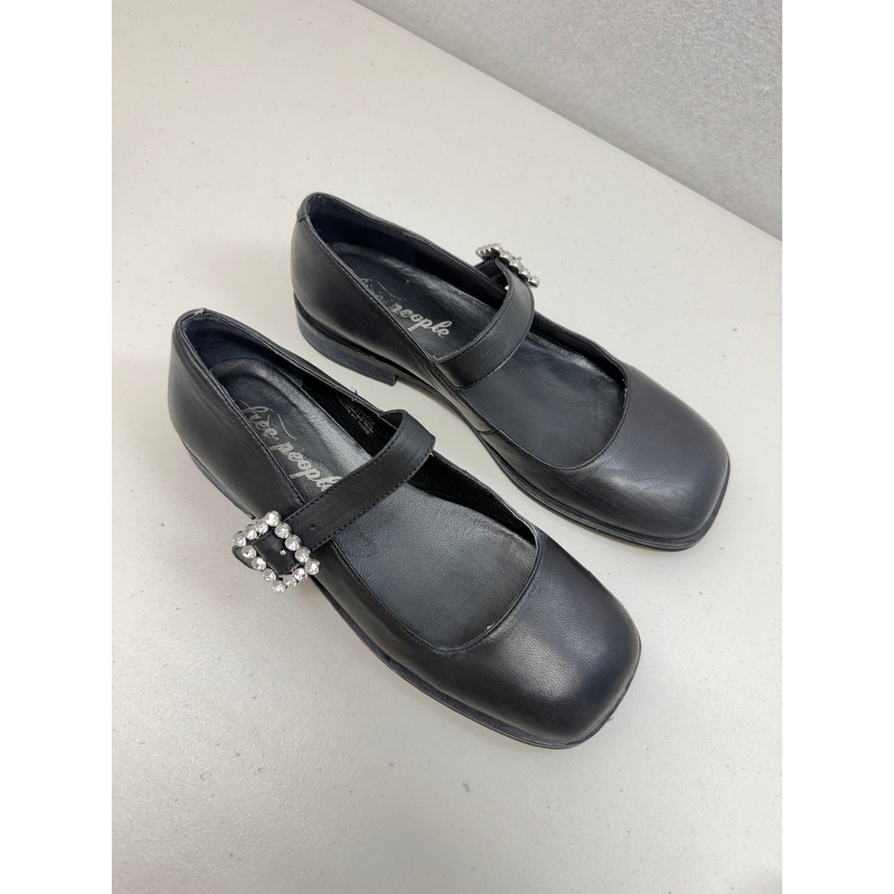 Free People Black Leather Square Toe Rhinestone Buckle Mary Jane Flats 7.5 - Picture 3 of 11